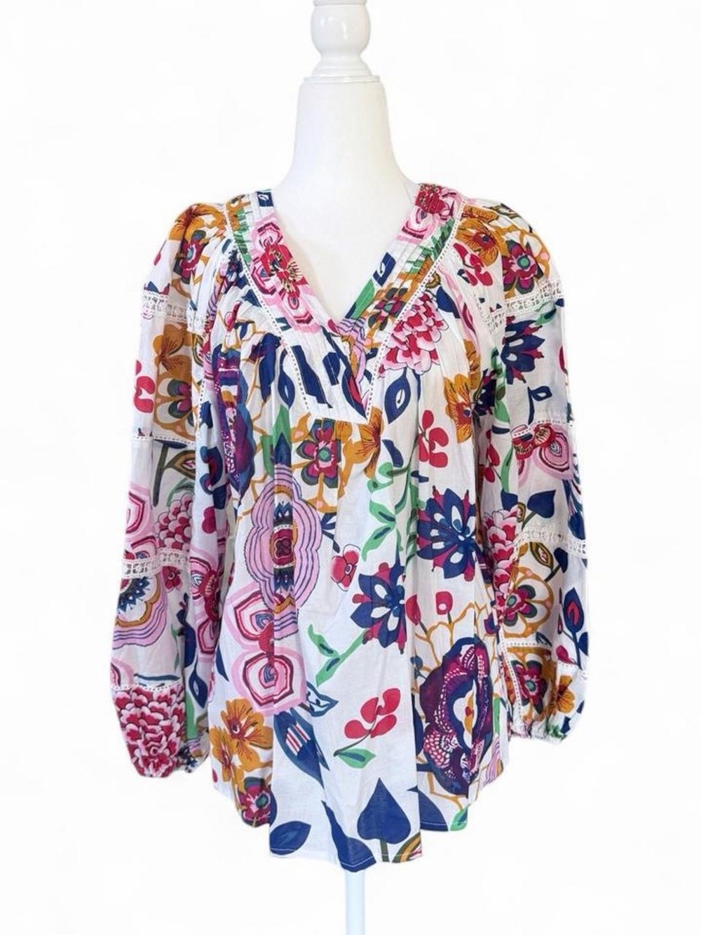 Floral V-Neck Boho Peasant Top in White Multicolor